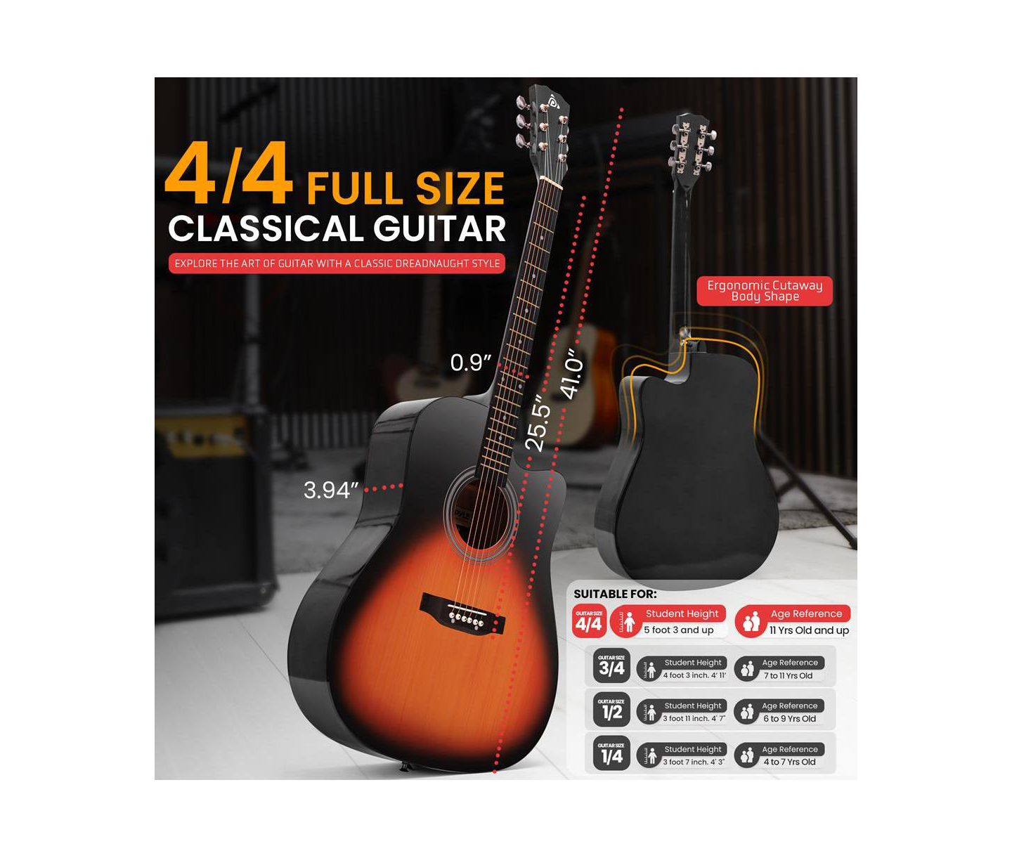 Детские игрушки Pyle Easy Play 41" Cutaway Acoustic Guitar with Digital Tuner, Guitar Kit, Ages 11+, цвет: Коричневый — фото 3