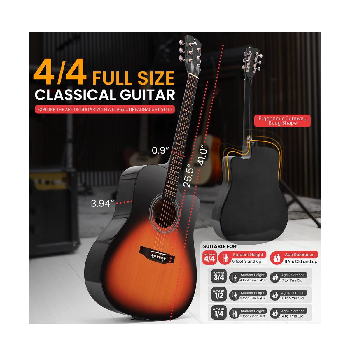 Pyle 41" Full-Size Acoustic Guitar Kit, Cutaway Body with Digital Tuner, and Accessory Kit, (Sunburst Teardrop