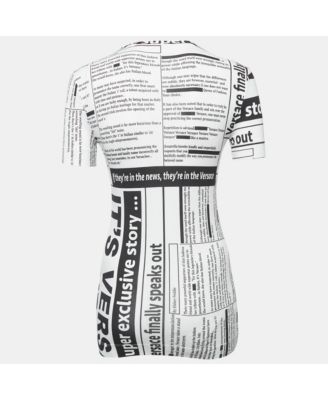 Women's White Newspaper Print Cotton Crew Neck T-Shirt