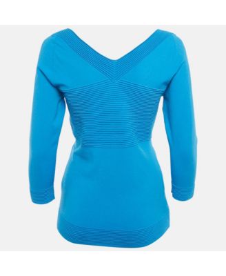 Women's Collection Blue Textured Stretch Knit V-Neck Pullover