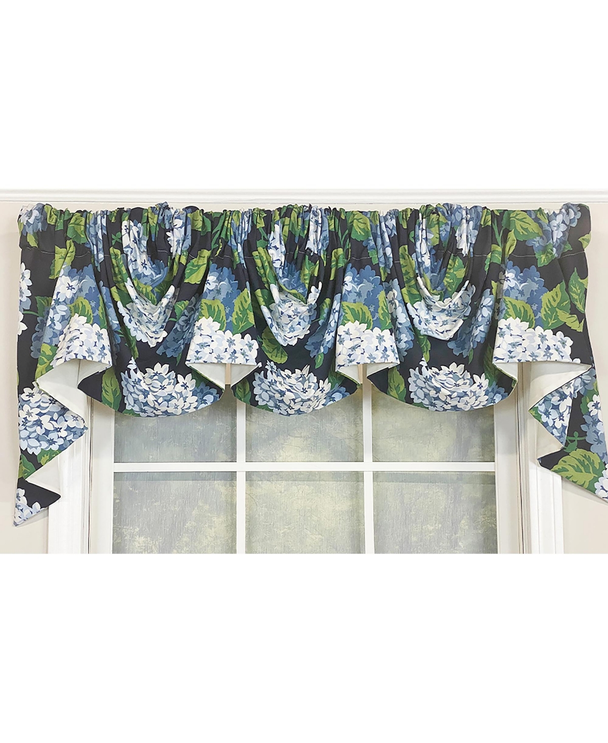 Rlf Home Hydrangea Empire Valance Navy 2-Scoop. 54"W X 25"L For windows up to 48"W