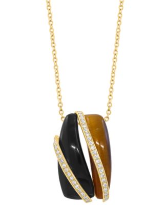 Diamond (1/6 ct. t.w.), Tigers Eye (2 ct. t.w.) & Onyx Pendant Necklace in 14k Yellow Gold