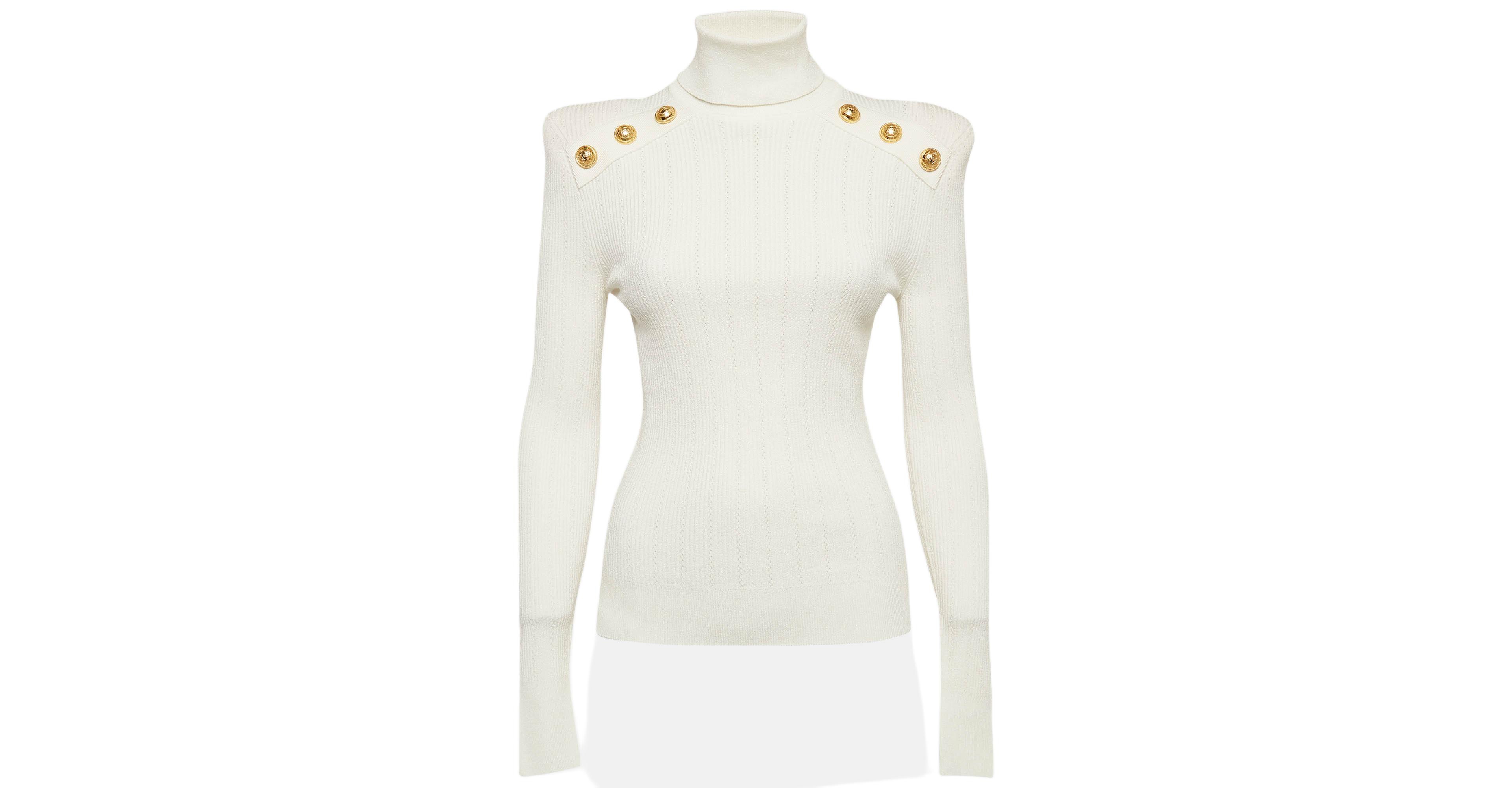 Pre-Owned Balmain Women's White Rib Knit Structured Shoulders Turtleneck Sweater