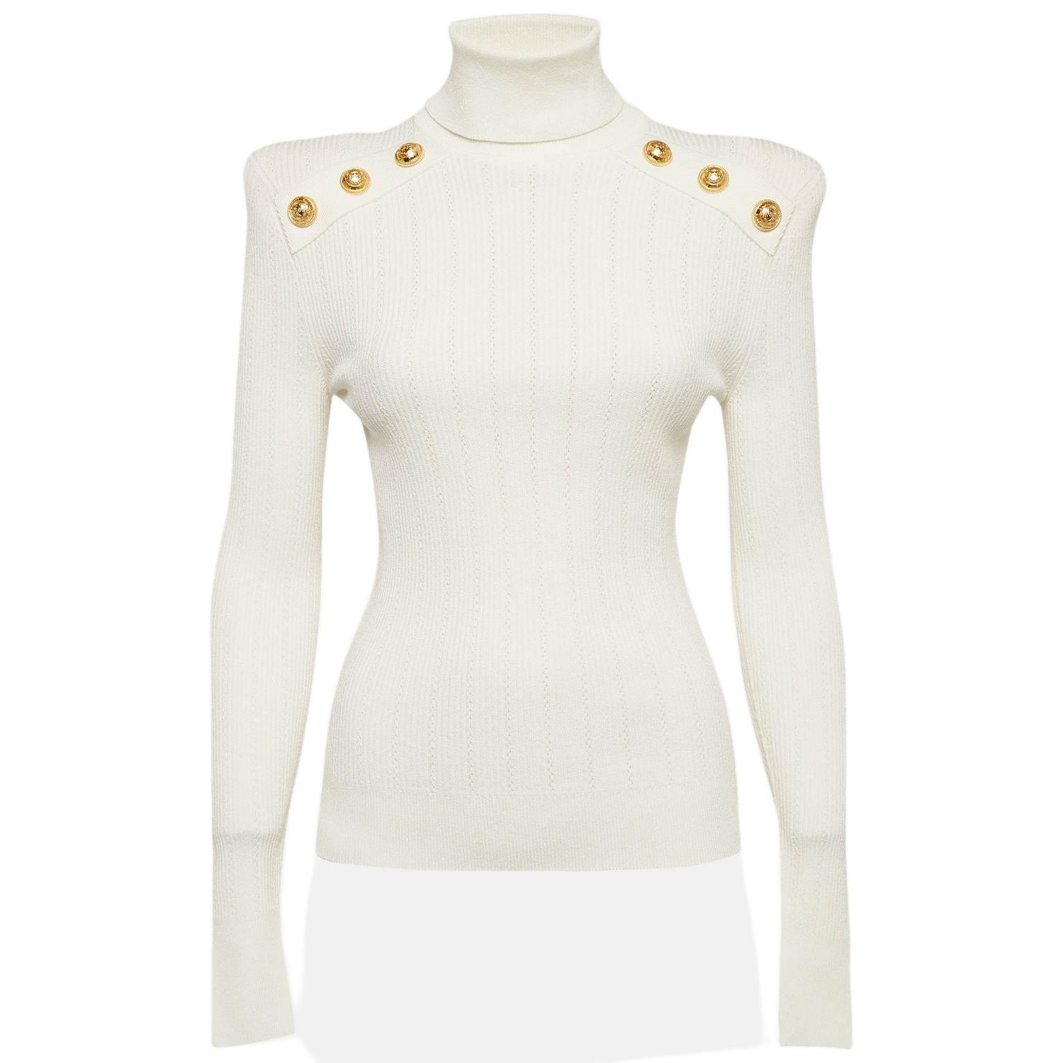 Women's White Rib Knit Structured Shoulders Turtleneck Sweater