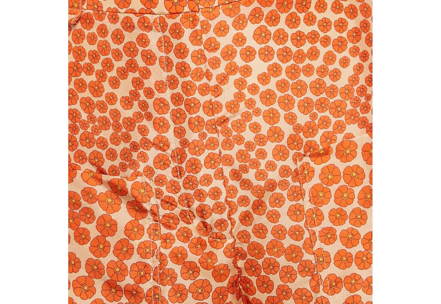 Women's Orange Ditsy Floral Print Silk Trousers