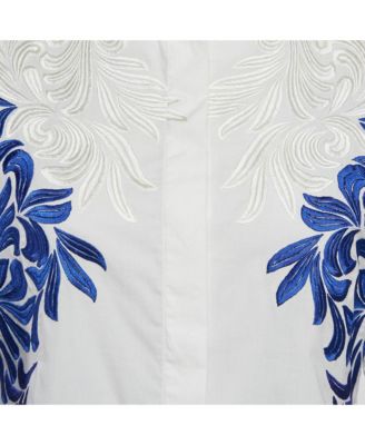 Women's White/blue Embroidered Cotton Long Sleeve Shirt