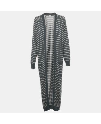 Women's Grey Striped Cotton Sequin Long Cardigan
