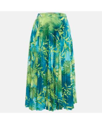 Women's Green Jungle Print Plisse Midi Skirt
