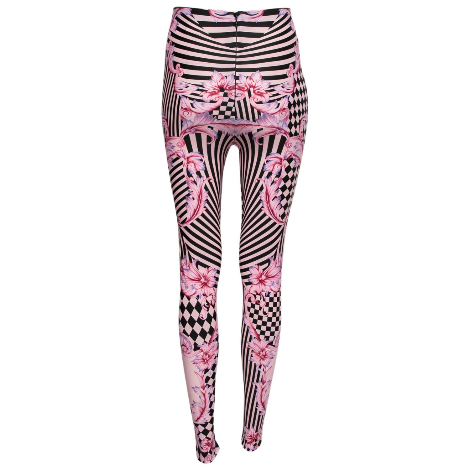 Women's Pink Stretch Knit Striped & Baroque Print Leggings