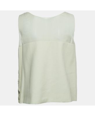 Women's Cream Crystals Embellished Silk & Linen Blend Sleeveless Top