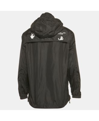 Men's Black Logo Print Synthetic Hooded Windbreaker Jacket