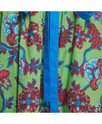 Women's Green Floral Printed Cotton Elastic Midi Skirt