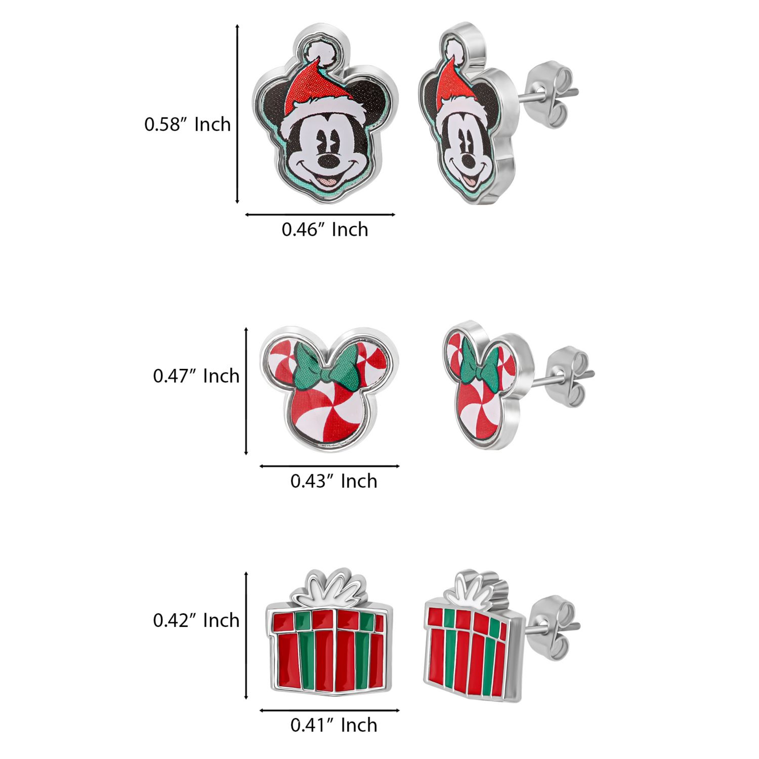 Holiday Stud Earring Set, 3 Pairs - Mickey Santa, Peppermint Ears and Gifts, Silver Tone