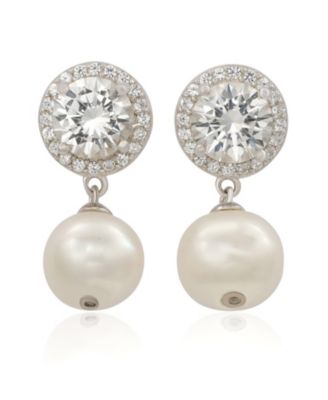 Sterling Silver Freshwater Pearl & White Sapphire Halo Earrings.