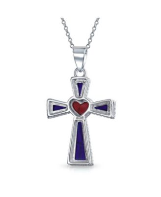 Created Blue Lapis Cross Pendant Necklace and Round Stud Earrings Jewelry Set Sterling Silver