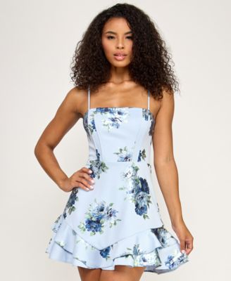 Juniors' Spaghetti Straps Tie Back Ruffle Hem Mini Dress