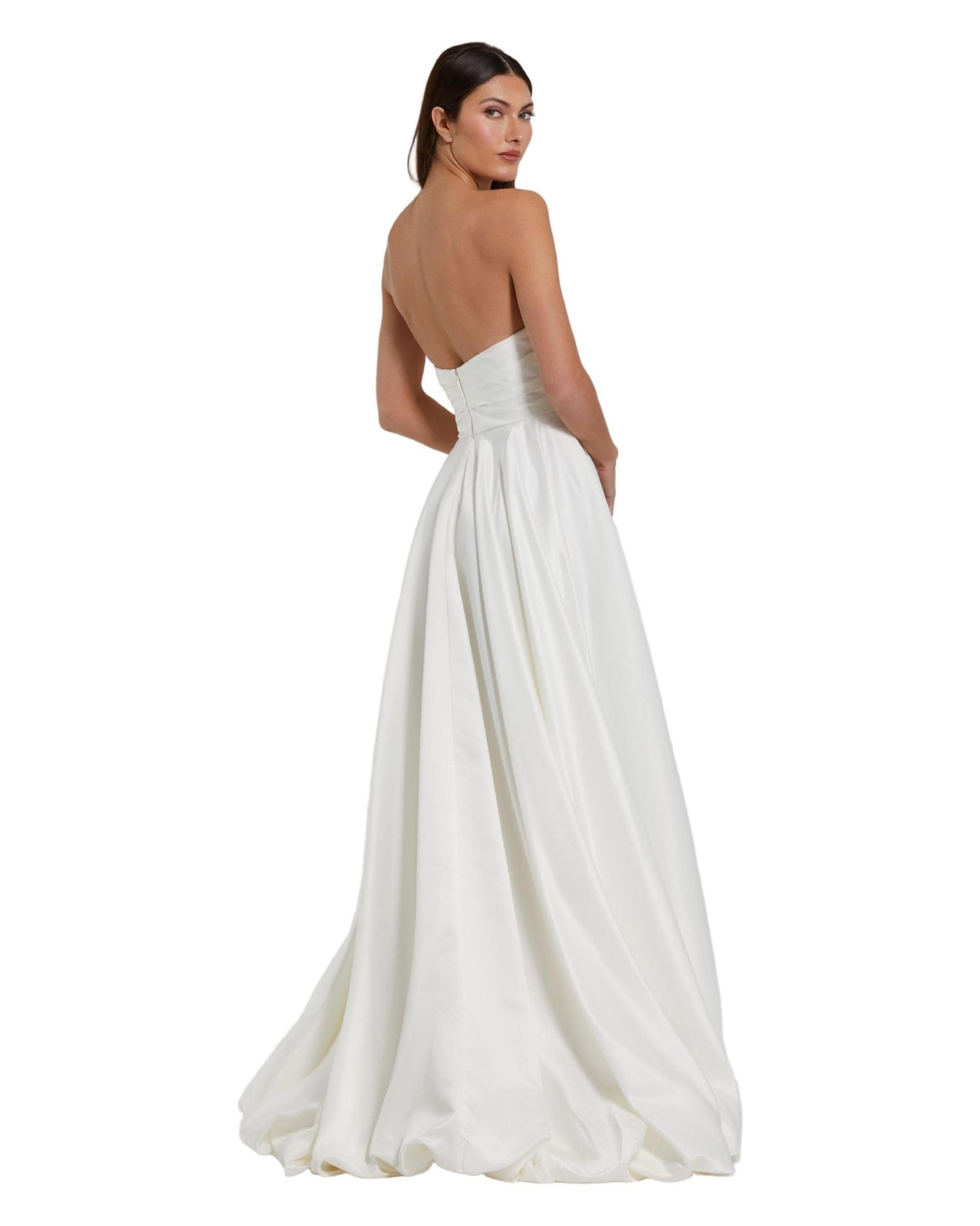Women's Strapless High-Low Satin Gown with Draped Skirt