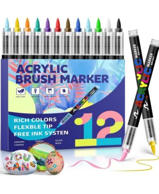 12 Colors Acrylic Paint Markers, with Soft Brush Tip， Waterproof and No Bleed for Fabric, Egg, Rock Painting and DIY Crafts Art Supplies
