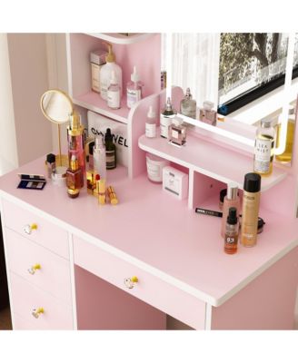 5-Drawer Vanity Set with LED Mirror, Cushioned Stool, and 3-Tier Storage Shelves – Pink MDF Dressing Table
