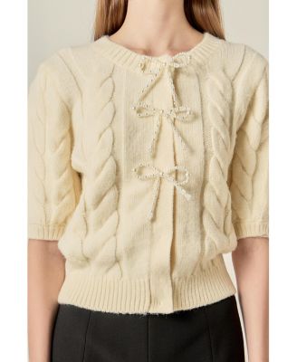 Women's Cable Puff Sleeve Knit With Pearl Bow