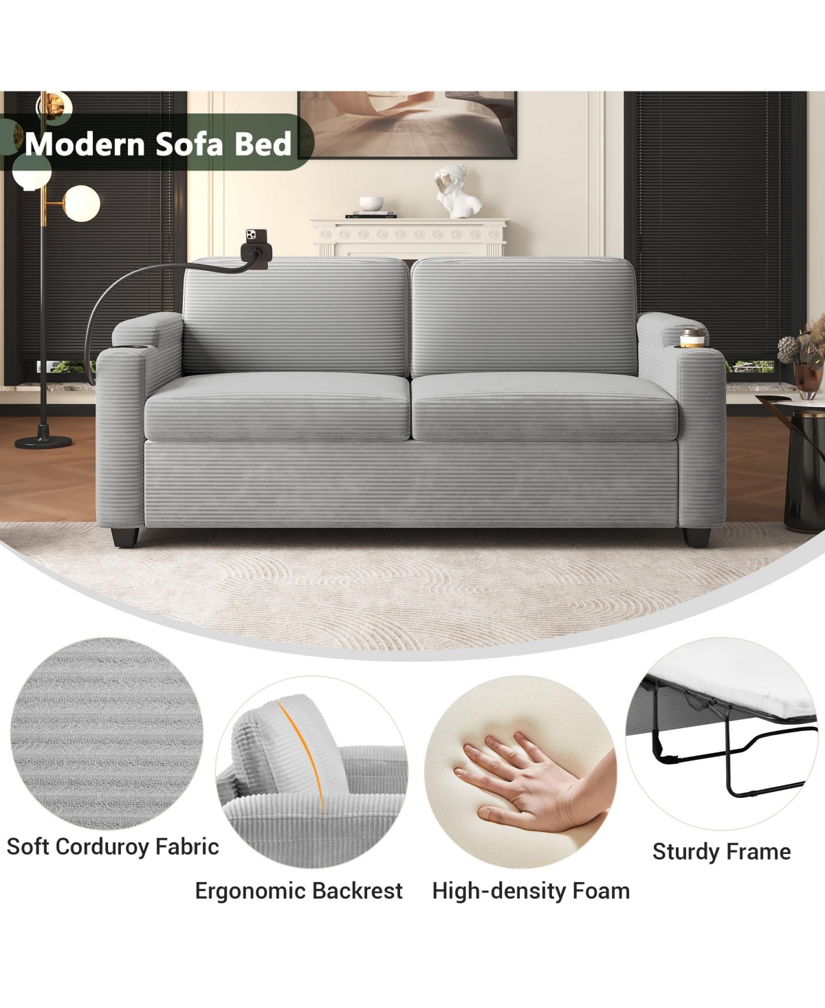 Boyel Living 72.8" Corduroy Sleeper Sofa Loveseat with Full Mattress, Two Usb Ports, Cup Holders, Side Pockets and a Phone Holder