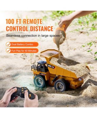 RC Dump Truck Toy, 9-Channel 1:18 Scale Remote Control Construction Truck with Metal Cabin, Lights & 2 Batteries