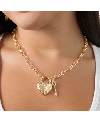 Heart Locket with Key Pendant Necklace, Gold Tone