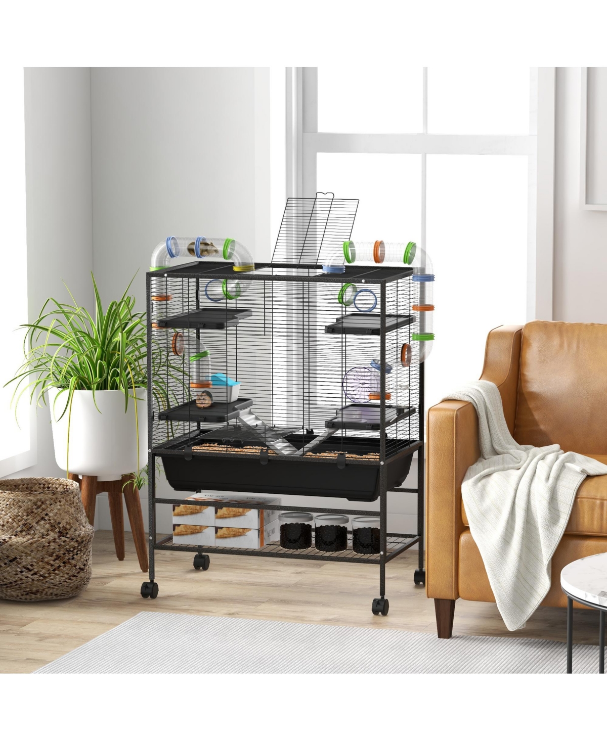 PawHut Large Hamster Cage Rat Cage on Wheels w/ Storage Shelf, Tubes