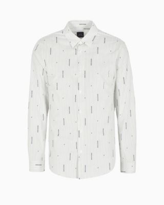 Men's Slim Fit Long Sleeve Button-Front Striped Logo Print Shirt