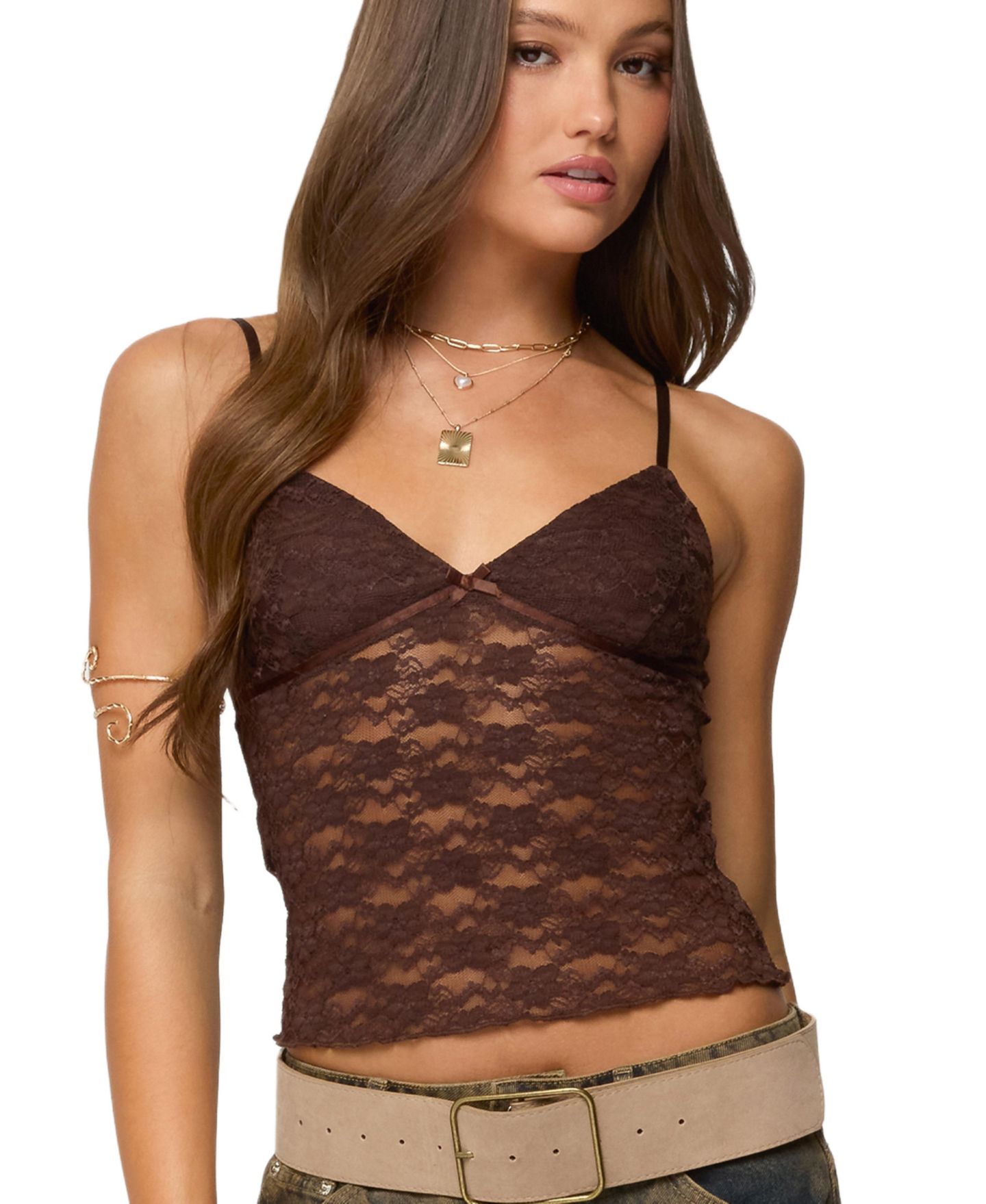 Женский топ Edikted Eira Sheer Lace, цвет: Коричневый — фото 1