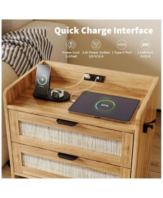 Rattan Nightstand, Bedside Table with Type-C Charging Station - 2 Storage Drawer Space, Boho End Table Side Table, 1pcs