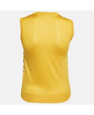 Women's Yellow Floral Print Silk And Cotton Knit Sleeveless Top