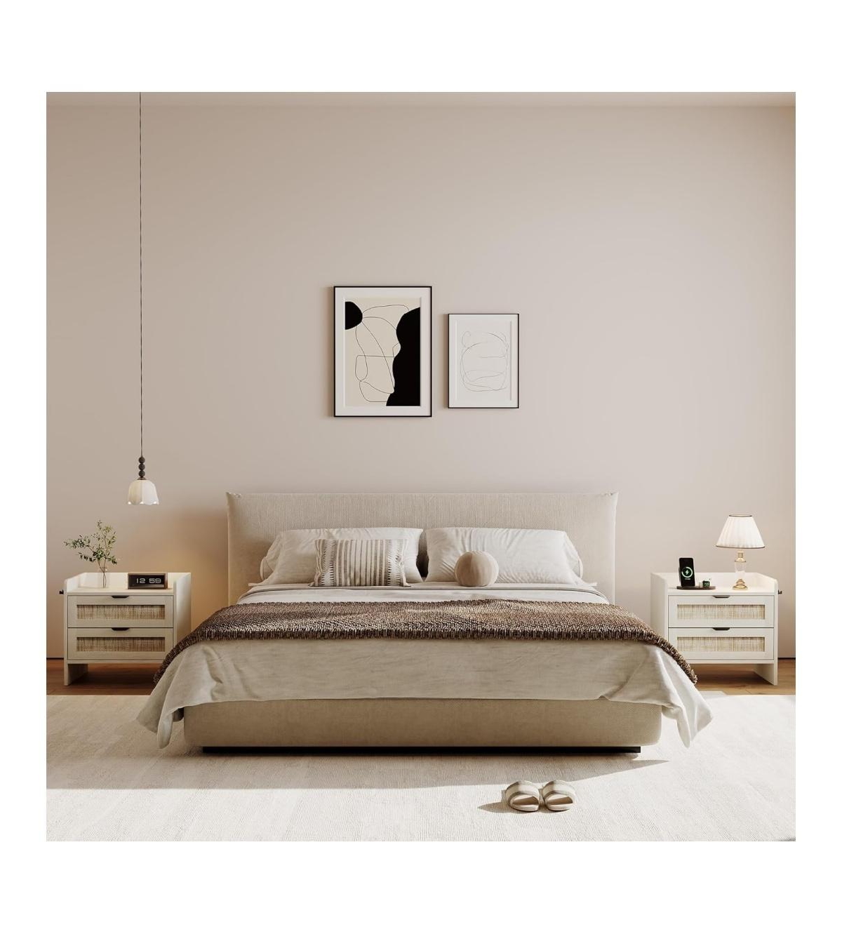 gaomon Rattan Nightstand, Bedside Table with Type-c Charging Station - 2 Storage Drawer Space, Boho End Table Side Table, 1pcs