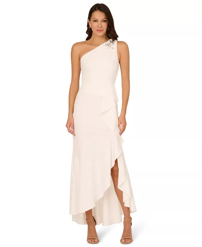 Women's Beaded One-Shoulder Crepe Gown - thumbnail 10