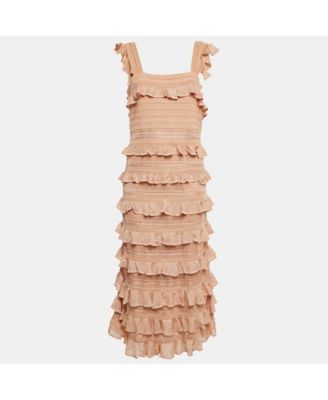 Women's Beige Stretch Knit Illustration Frilled Dress