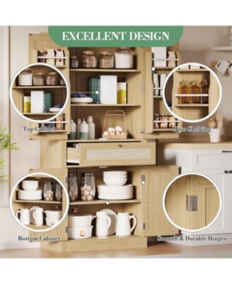 70inch Tall Kitchen Pantry Cabine, Rattan Doors Freestanding Cupboard Storage Cabinet with Drawer and Adjustable Shelves
