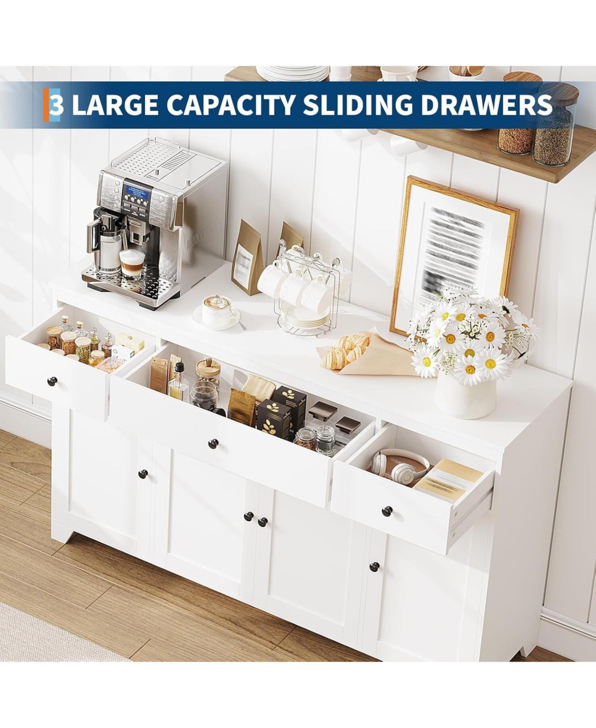 gaomon Sideboard Buffet Cabinet, 55in Large Modern Kitchen Coffee Bar Cupboard Cabinet with 4 Doors 3 Drawers Adjustable Shelves Wood Coffee Bar