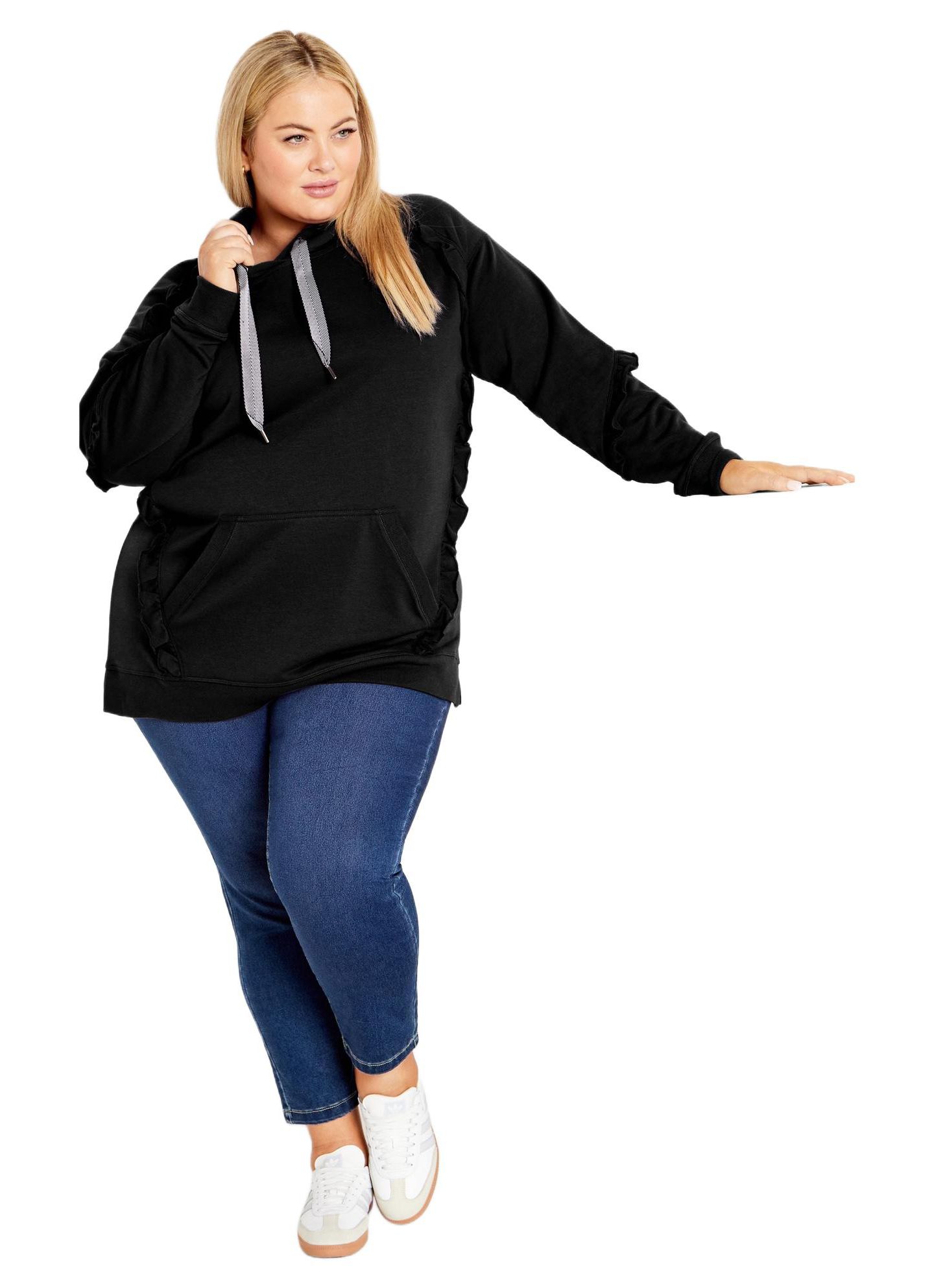 Женское худи AVENUE Plus Size Frill Plain, цвет: Чёрный — фото 2