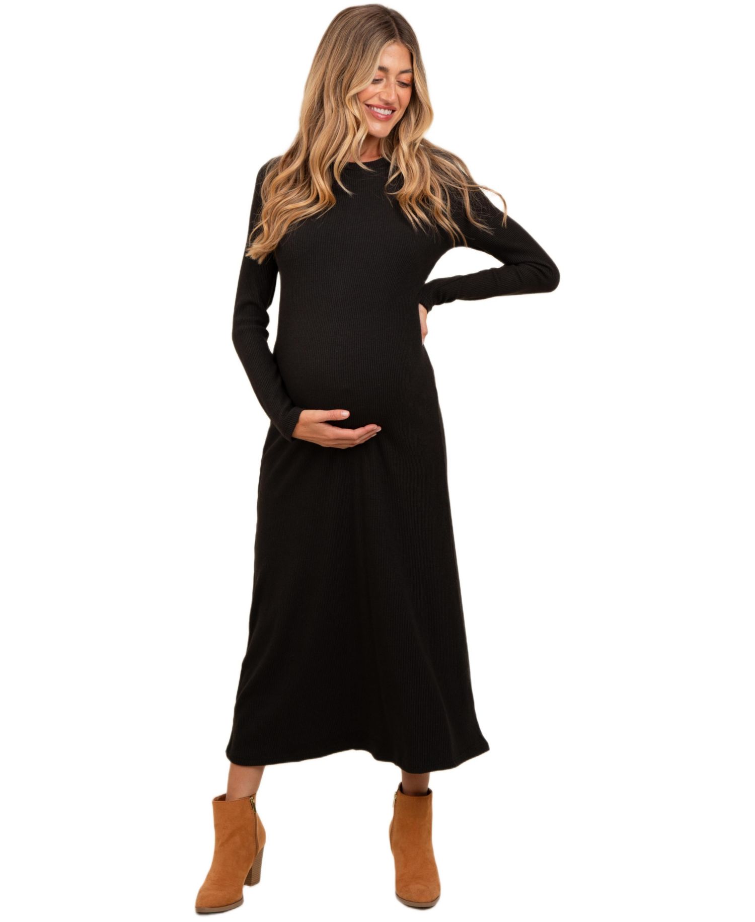 Women's Mocha Ribbed Knit Side Slit Midi Dress