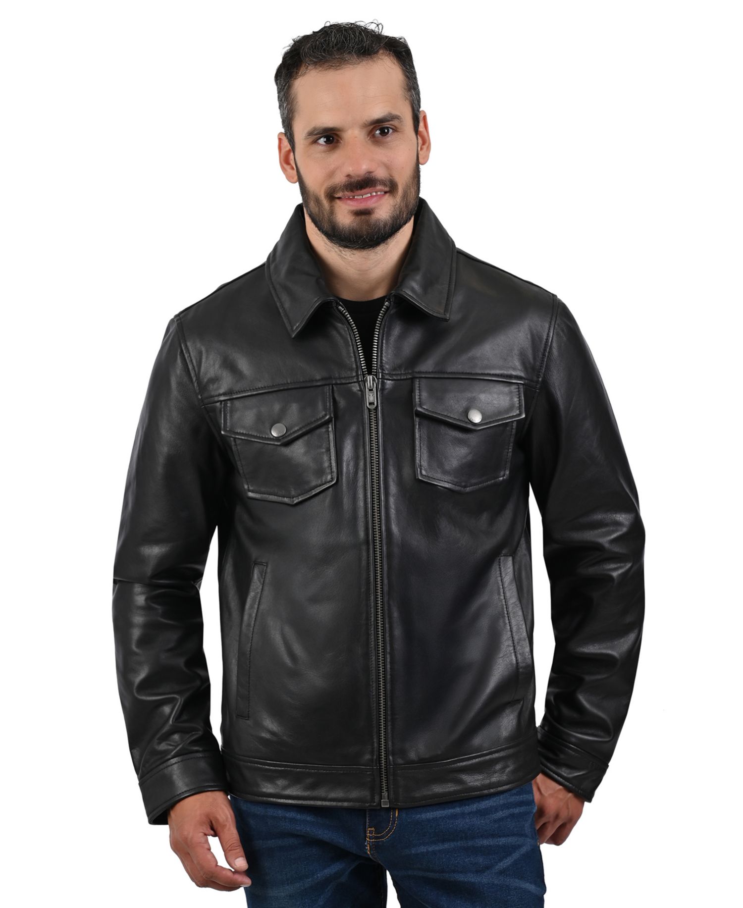 Men's Genuine Leather Regular-Fit Collared Neck Jacket
