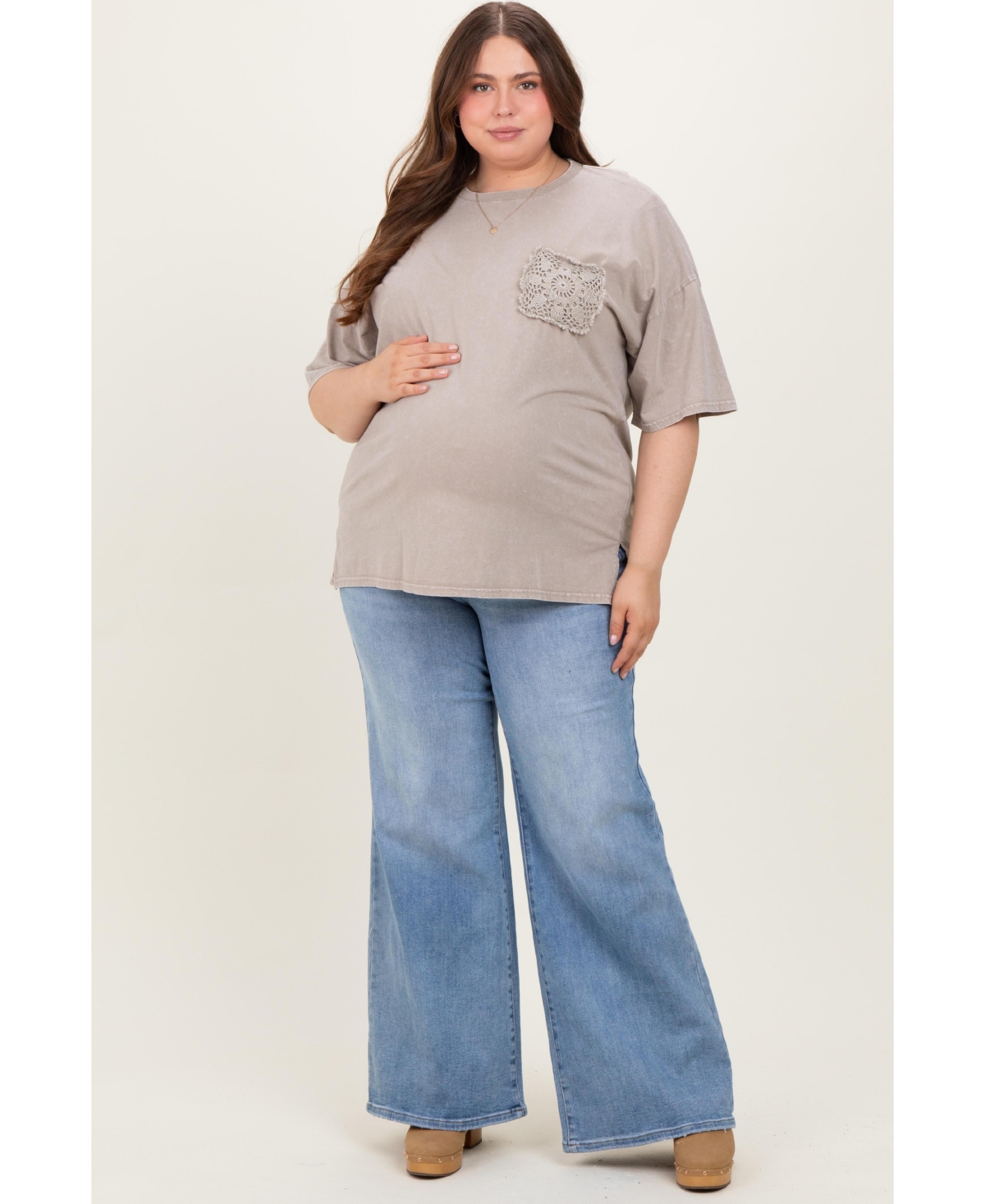 Pinkblush Plus Size Blue Front Yoke Detail Wide Leg Jeans