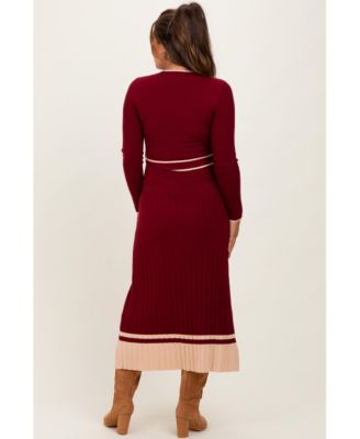 Maternity Burgundy Elegant Ribbed Midi Sweater Dress With Belt
