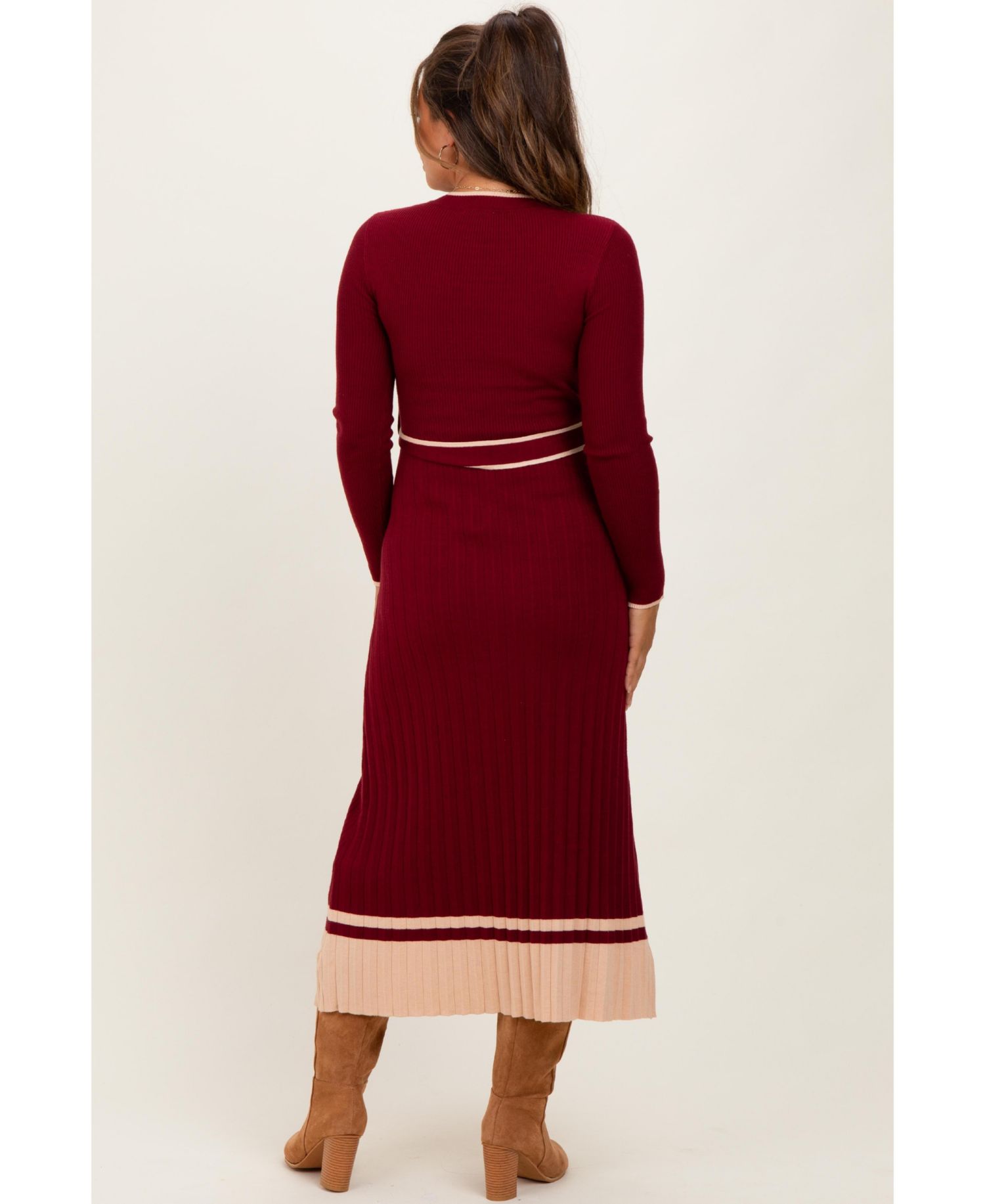 Women's Burgundy Elegant Ribbed Midi Sweater Dress With Belt