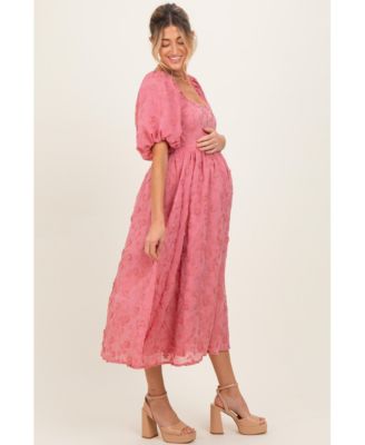 Maternity Mauve Embroidered Floral Puff Sleeve Midi Dress