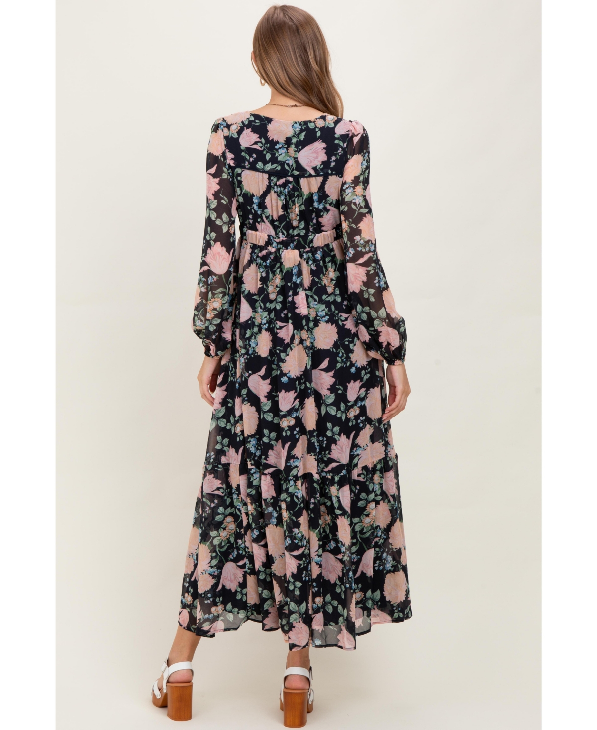 Pinkblush Maternity Navy Floral Chiffon Bow Tie Front Maxi Dress