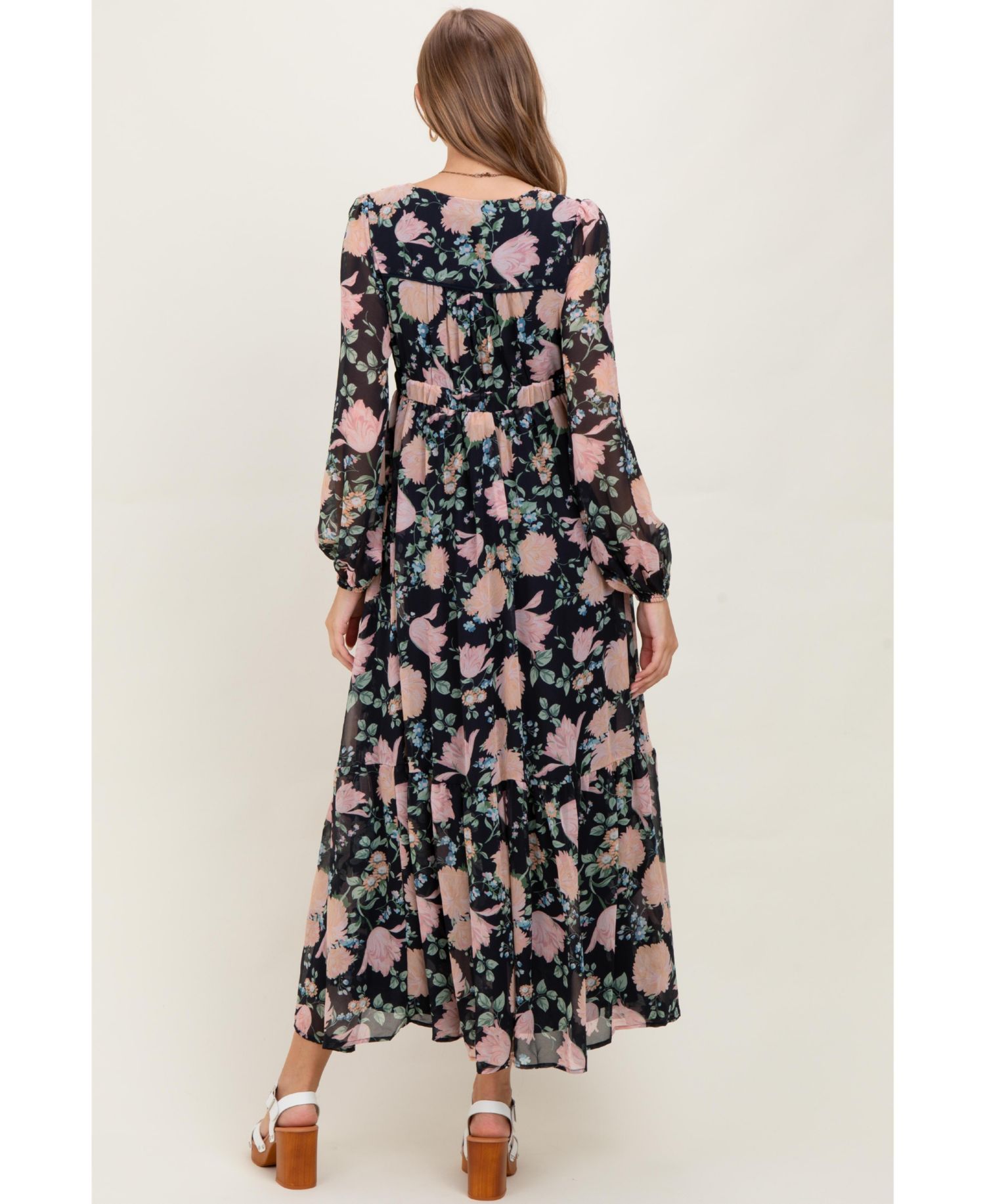 Women's Navy Floral Chiffon Bow Tie Front Maxi Dress