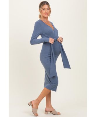 Maternity Denim Blue Ribbed Long Sleeve Wrap Dress
