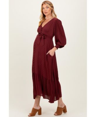 Maternity Burgundy Swiss Dot Button Down Maxi Dress