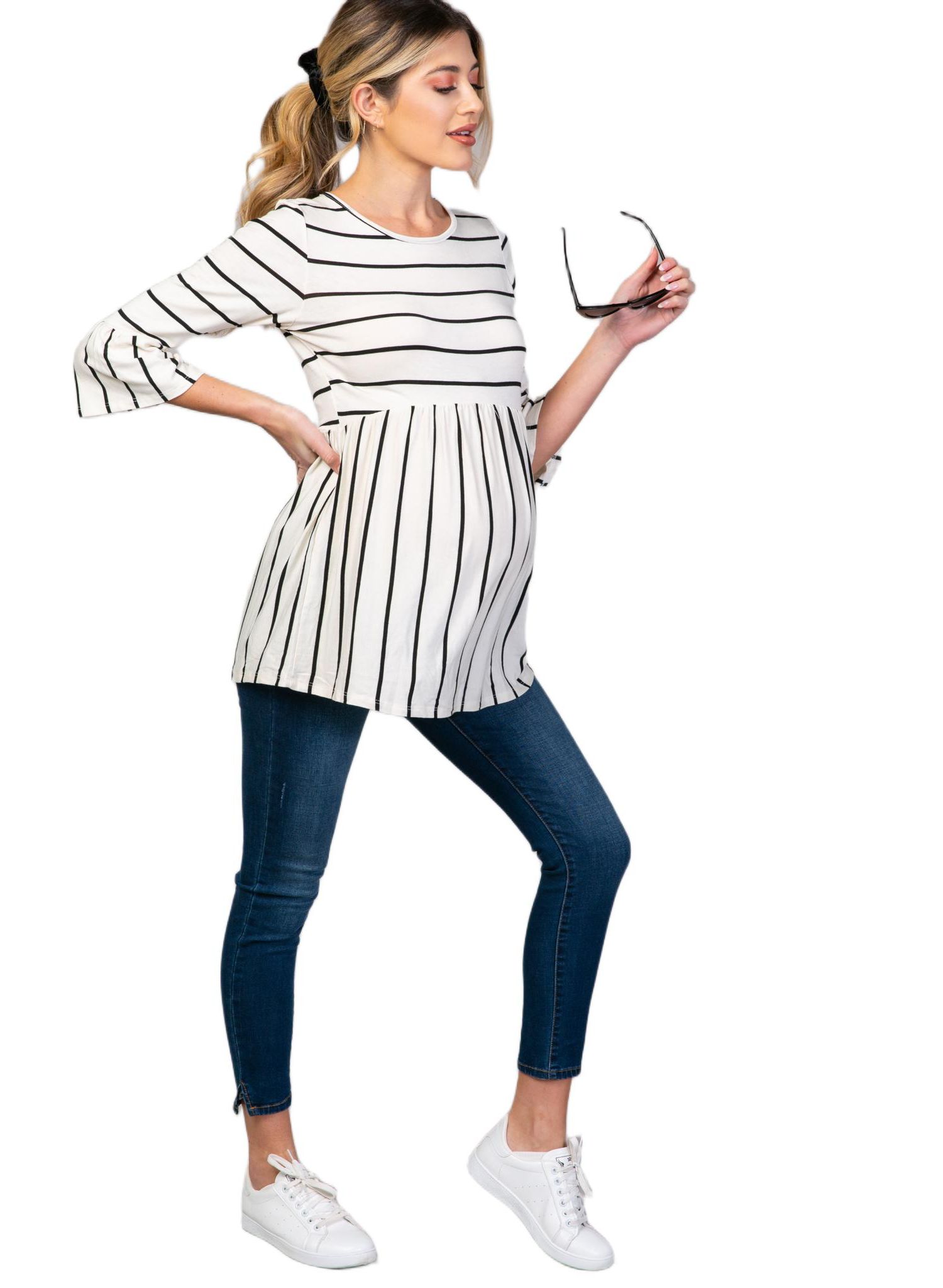 Women's Ivory Striped Peplum Ruffle Top