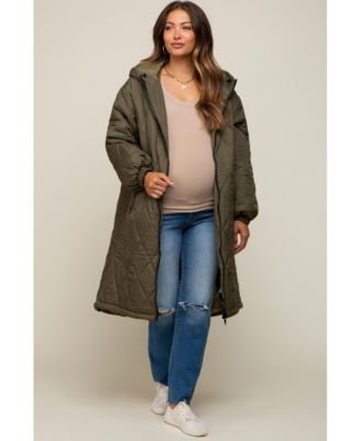 Maternity Olive Quilted Long Puffer Jacket